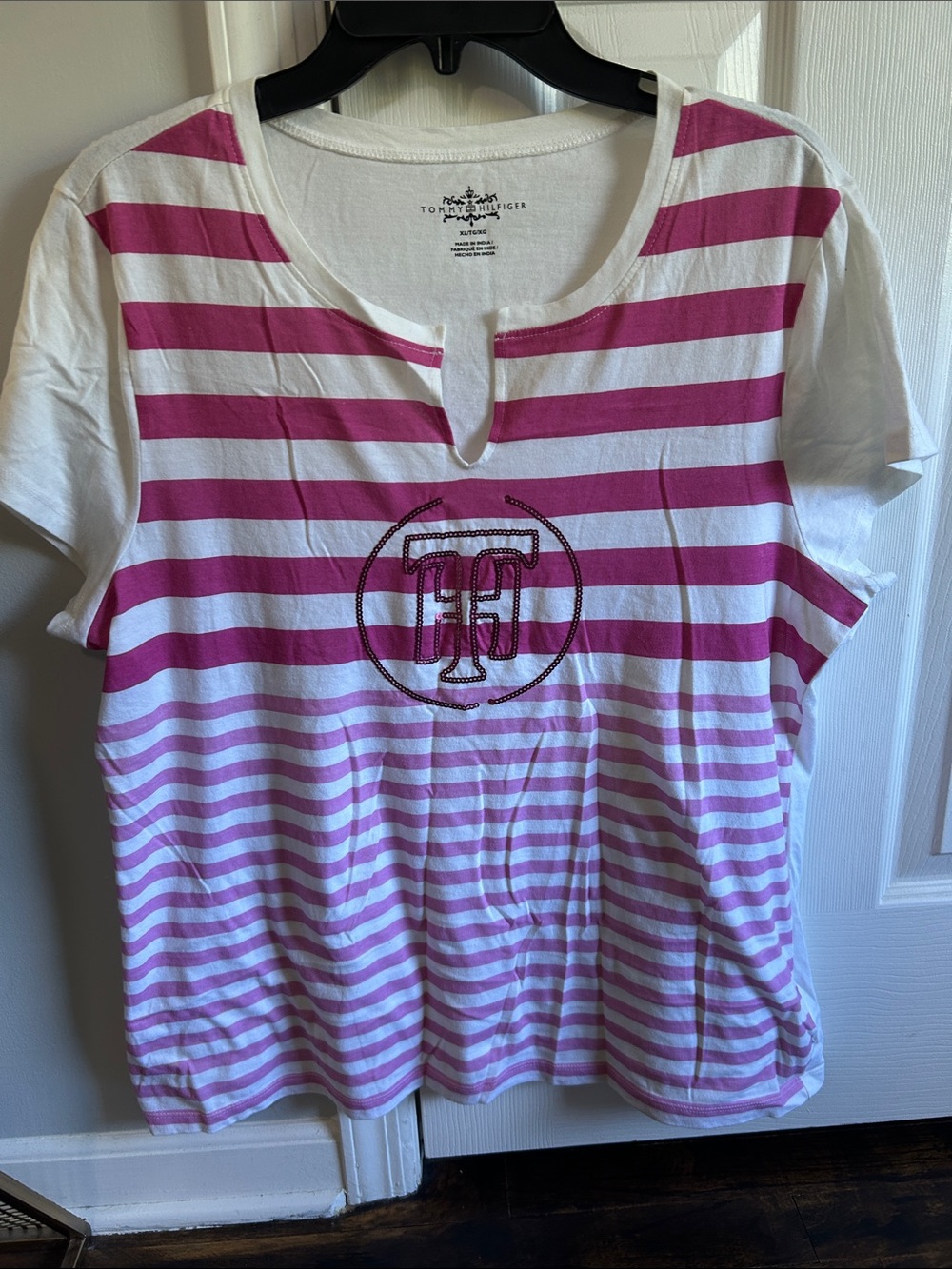 Tommy Hilfiger White and Pink Striped Short Sleeve Tee with Logo